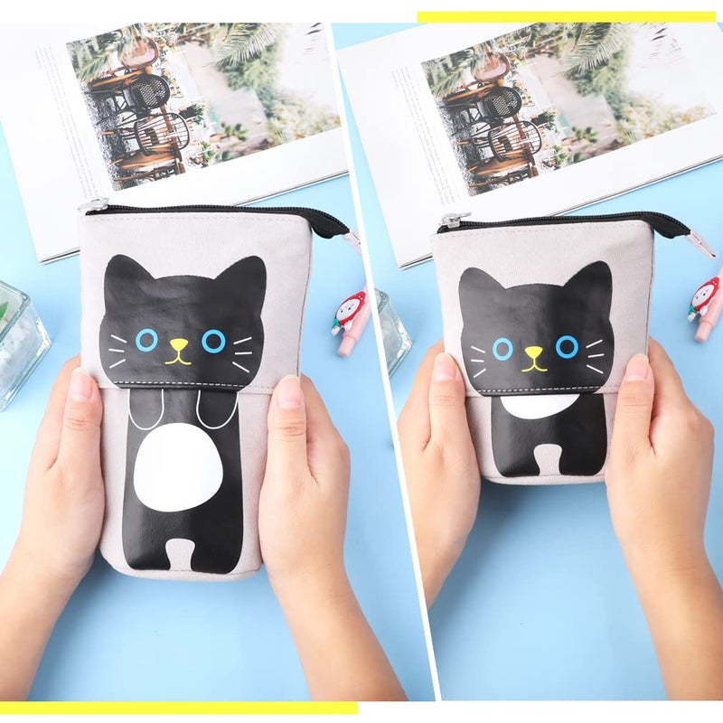 iSuperb Standing Pencil Pouch Pencil Case Cute Cat Telescopic with Zipper Canvas Kwaii Cartoon Pencil Bag Stationery Box for Kids Girls Boys School Supplies 7.5 x 4.9 x 3.0inch/4.1x 3.0inch - Image 4